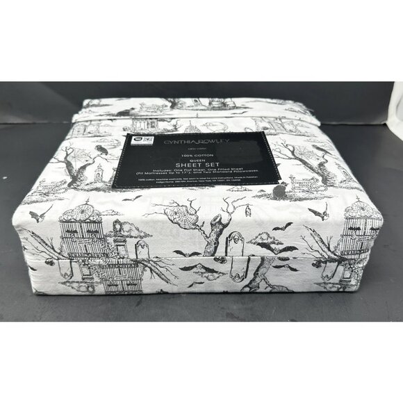 CYNTHIA ROWLEY QUEEN SHEET SET Halloween Toile Haunted House Cemetery Bats NEW - Picture 7 of 7